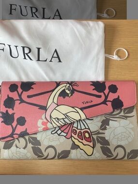Furla Coral Pink Floral Peacock Envelope Clutch